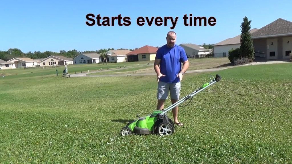 'Video thumbnail for 3 Year Greenworks 40v Lawn Mower Review, starts every time.'